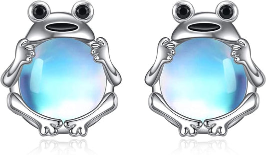 ONE: Exquisite FROG MOONSTONE Dangle Earrings 925 Sterling Silver