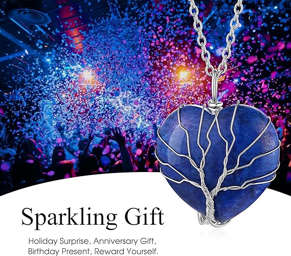 ONE: 💓September-Nature Lapis Lazuli Heart Crystal TREE Necklace 925 Sterling Silver