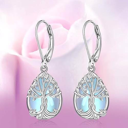 ONE: Exquisite Tree Color: MOONSTONE Dangle Earrings 925 Sterling Silver