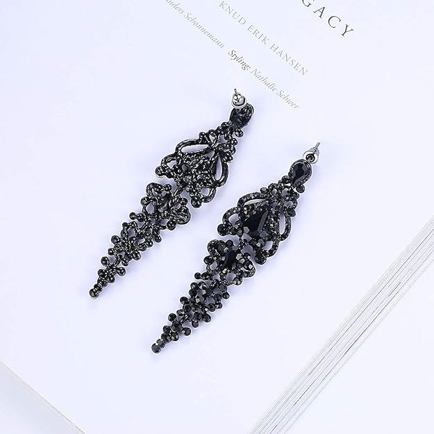 ONE PAIR: Vintage Floral Teardrop Butterfly Wing Black Austrian Crystal Drop Dangle Earrings for Women