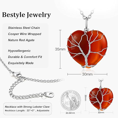 ONE: 💓January-Nature Red Agate Heart Crystal Necklace 925 Sterling Silver Necklace