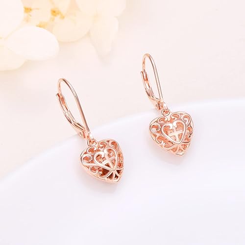 ONE:  Style: ROSE GOLD Heart CROSS Dangle Earrings 925 Sterling Silver