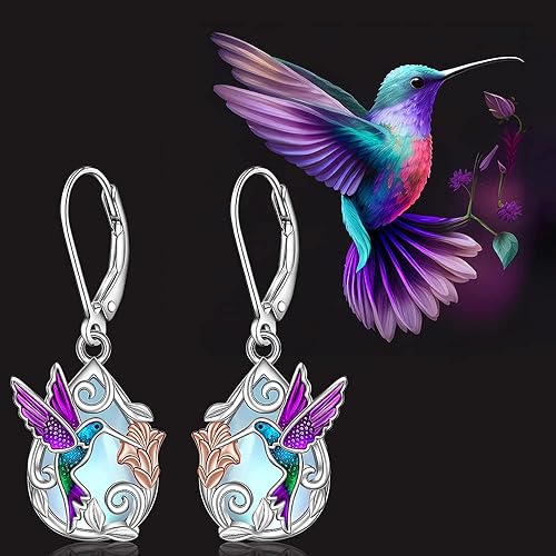 ONE: Exquisite Hummingbird Color: MOONSTONE Dangle Earrings 925 Sterling Silver