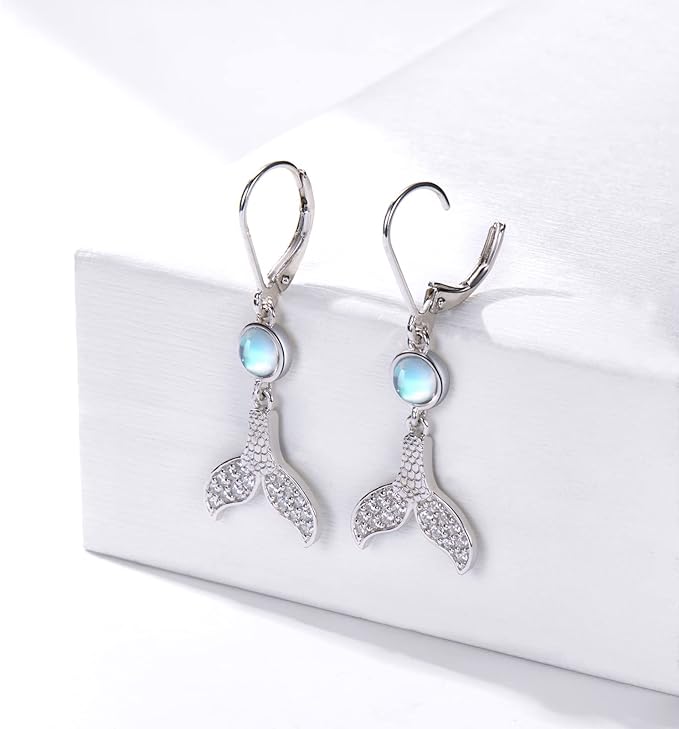 ONE:  Exquisite Mermaid Tail Earrings Color: Moonstone Dangle Earrings 925 Sterling Silver