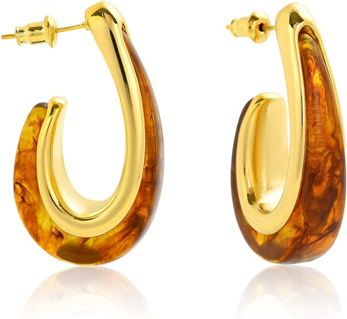 ONE Pair:  Resin Earrings for Women - Post Drop Earrings 14k Gold Plated