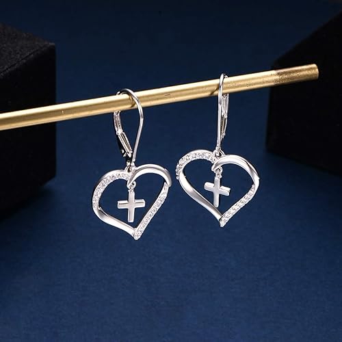 ONE:  Style: HEART QZ CROSS Dangle Earrings 925 Sterling Silver