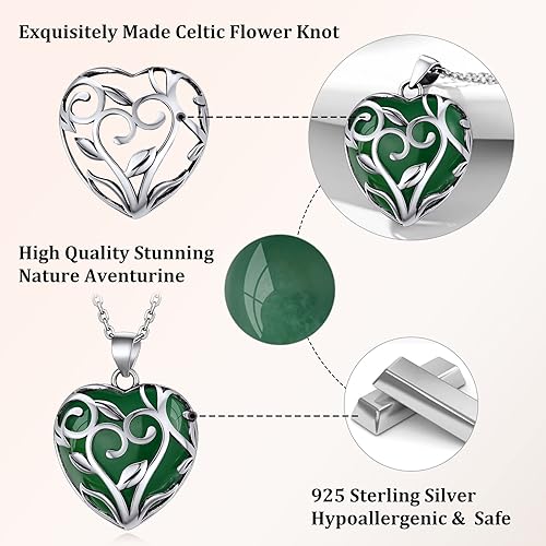 ONE: 💓August-Nature Aventurine Heart Crystal Necklace 925 Sterling Silver