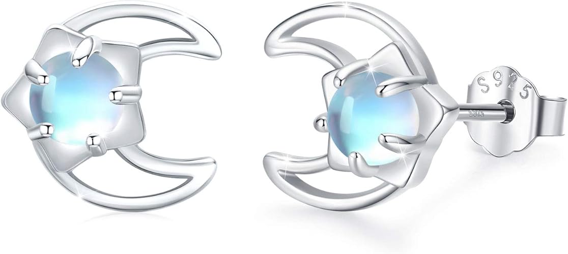 ONE:  Exquisite Moon Star Stud  Color: MOONSTONE  Earrings 925 Sterling Silver