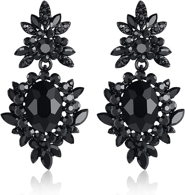 ONE PAIR: Vintage Floral Teardrop Butterfly Wing Black Austrian Crystal Drop Dangle Earrings for Women