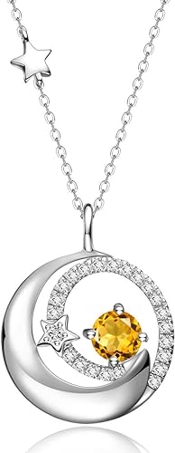 ONE :💎925 Sterling Silver Genuine Citrine Moon and Star Pendant Necklace Fine Jewelry 💎