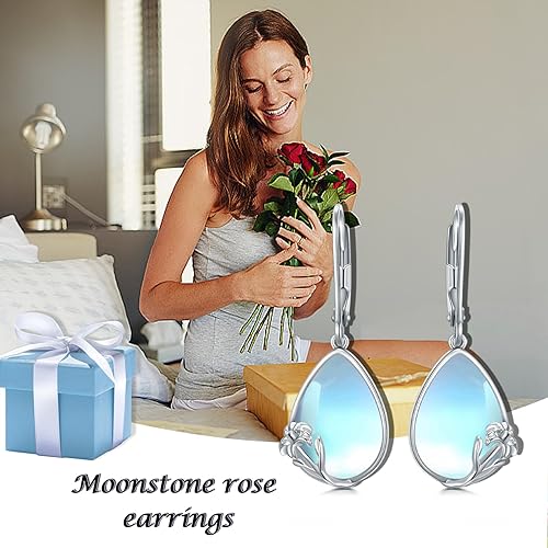 ONE:  Exquisite Rose Color: MOONSTONE  Dangle Earrings 925 Sterling Silver