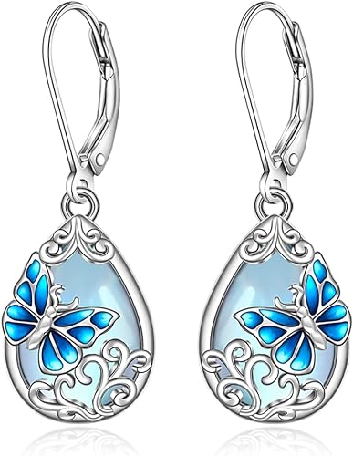 ONE: Exquisite Butterfly Color: MOONSTONE Dangle Earrings 925 Sterling Silver