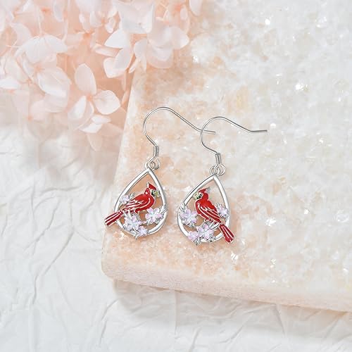 ONE: 925 Sterling Silver Cardinal Birds Dangle Earrings Flowers