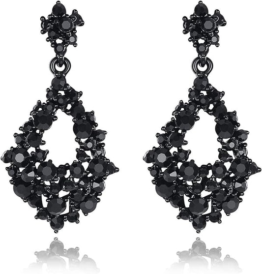 ONE PAIR: Vintage Floral Teardrop Butterfly Wing Black Austrian Crystal Drop Dangle Earrings for Women