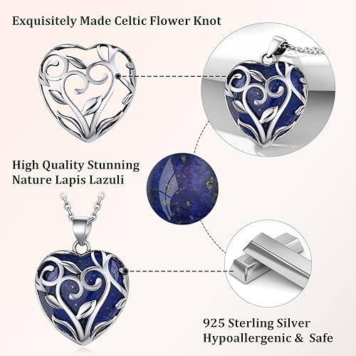 ONE: 💓September-Nature Lapis Lazuli Heart Crystal Necklace 925 Sterling Silver