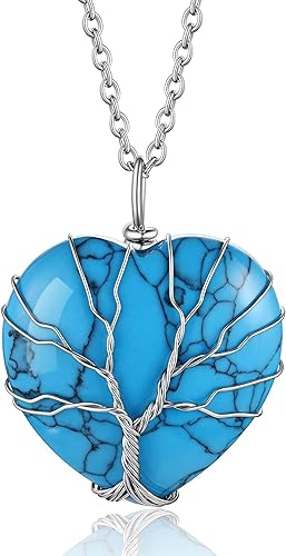 ONE: 💓December-Synthetic Blue Turquoise TREE Heart Crystal Necklace 925 Sterling Silver