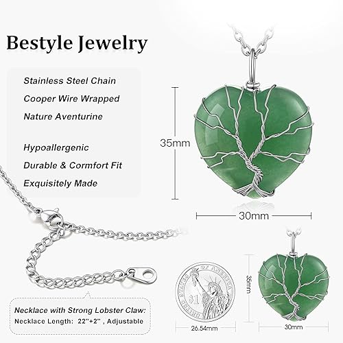 ONE: 💓August-Nature Aventurine Heart Crystal Necklace 925 Sterling Silver