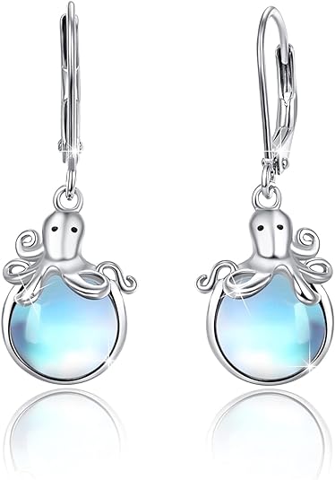 ONE: Exquisite Octopus Color: MOONSTONE Dangle Earrings 925 Sterling Silver