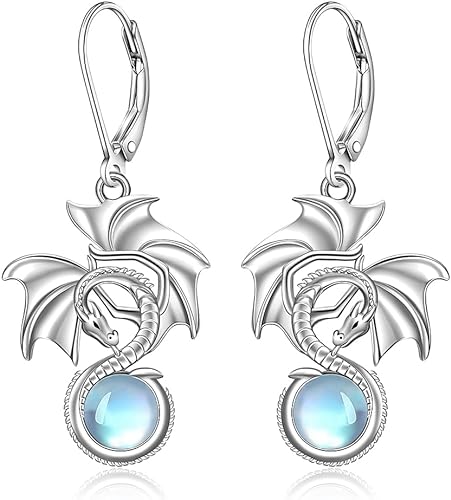 ONE: Exquisite Dragon Color: MOONSTONE Dangle Earrings 925 Sterling Silver