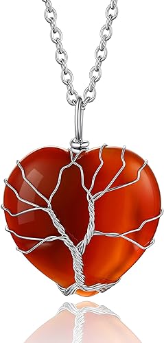 ONE: 💓January-Nature Red Agate Heart Crystal Necklace 925 Sterling Silver Necklace