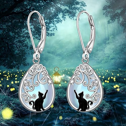 ONE: Exquisite CAT Color: MOONSTONE Dangle Earrings 925 Sterling Silver