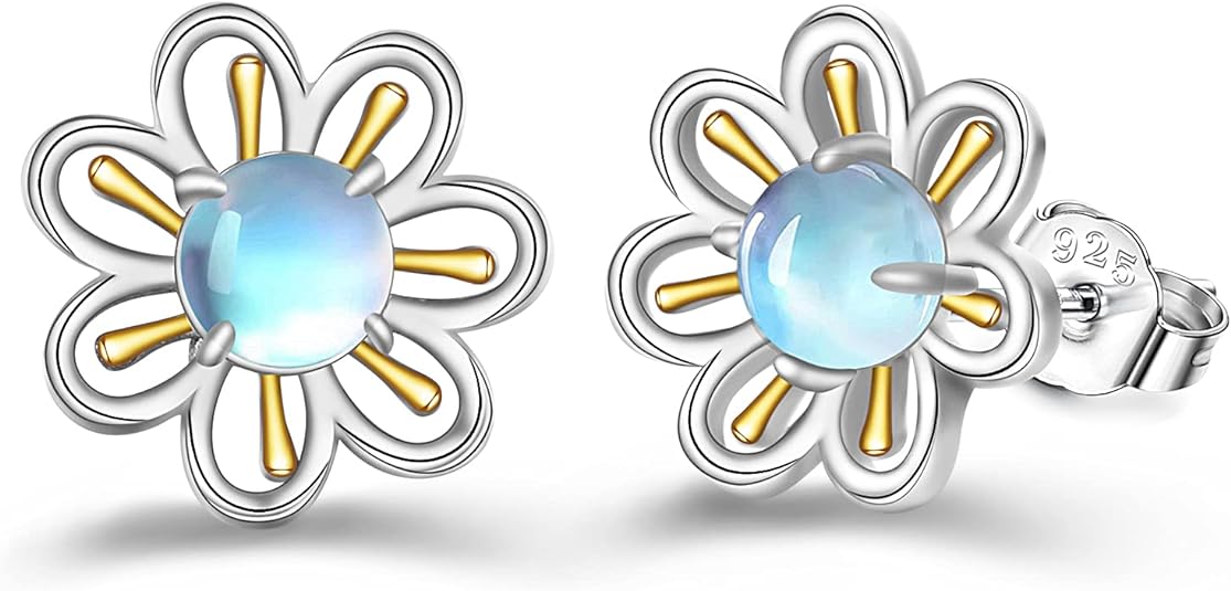 ONE: Exquisite Flower Gold Color: MOONSTONE Dangle Earrings 925 Sterling Silver