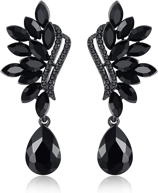 ONE PAIR: Vintage Floral Teardrop Butterfly Wing Black Austrian Crystal Drop Dangle Earrings for Women