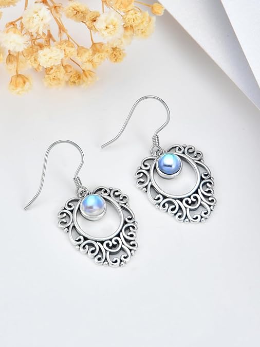 ONE:  ROUND DROP Earrings Color: Moonstone Dangle Earrings 925 Sterling Silver