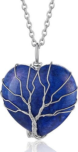 ONE: 💓September-Nature Lapis Lazuli Heart Crystal TREE Necklace 925 Sterling Silver