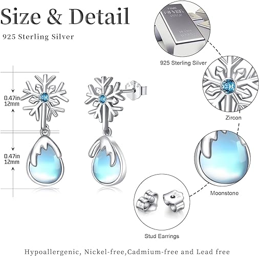 ONE:  Exquisite Snow Flake's Color: MOONSTONE  Dangle Earrings 925 Sterling Silver