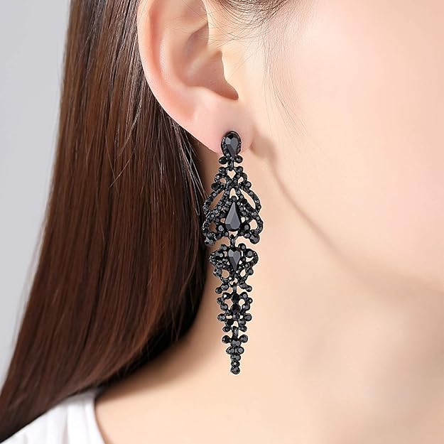 ONE PAIR: Vintage Floral Teardrop Butterfly Wing Black Austrian Crystal Drop Dangle Earrings for Women