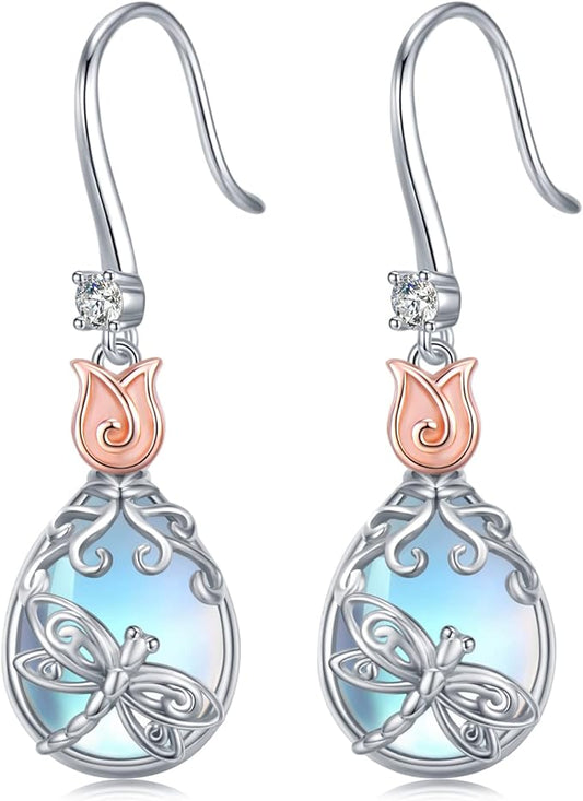 ONE:  Exquisite Dragonfly Earrings Color: Moonstone Dangle Earrings 925 Sterling Silver