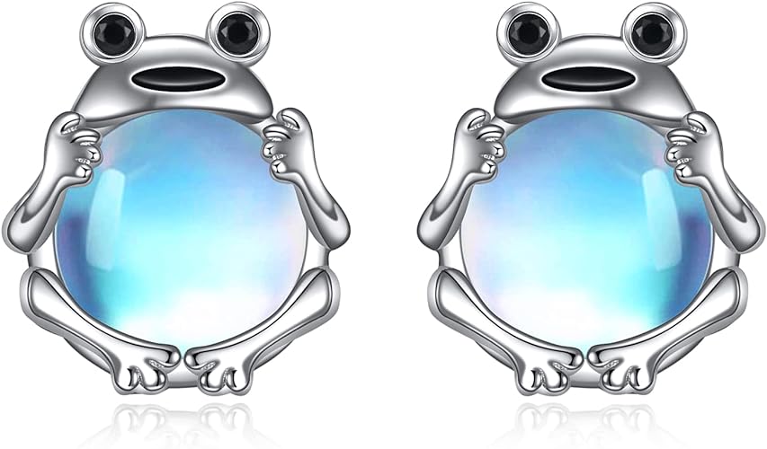 ONE: Exquisite FROG MOONSTONE Dangle Earrings 925 Sterling Silver