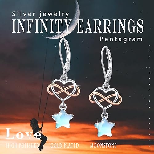 ONE:  Exquisite HEART STAR  Color: MOONSTONE  Dangle Earrings 925 Sterling Silver