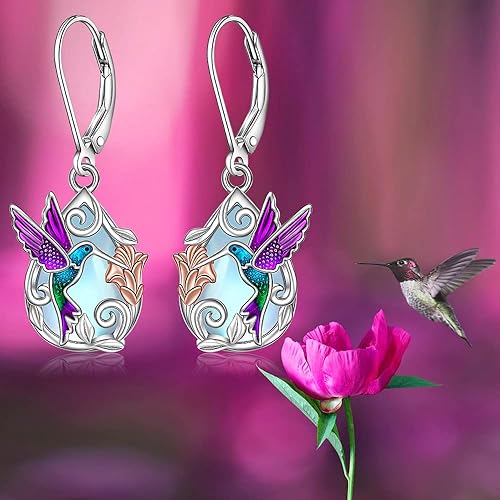 ONE: Exquisite Hummingbird Color: MOONSTONE Dangle Earrings 925 Sterling Silver