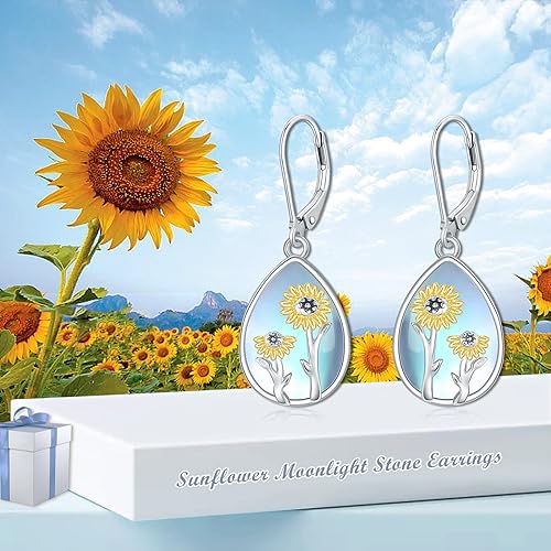 ONE:  Exquisite Sun Flower Color: MOONSTONE  Dangle Earrings 925 Sterling Silver