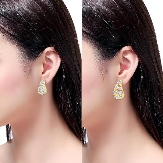 2 Pairs Earrings Set for Women, Lightweight Hollow Gold Hoops. Silver Hoop Earrings, 14k Gold Teardrop Hoop Earrings, Rhinestone Waterdrop Earrings Set