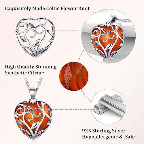 ONE: 💓November-Synthetic Citrine  Heart Crystal Necklace 925 Sterling Silver