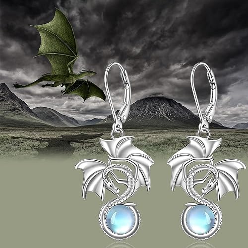 ONE: Exquisite Dragon Color: MOONSTONE Dangle Earrings 925 Sterling Silver