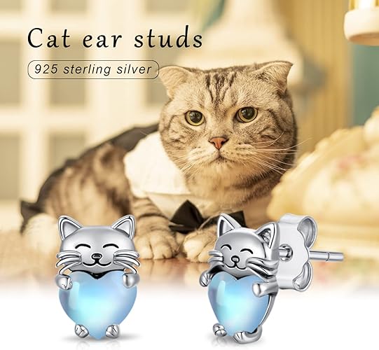 ONE: Exquisite CATS HEARTS Color: MOONSTONE Dangle Earrings 925 Sterling Silver