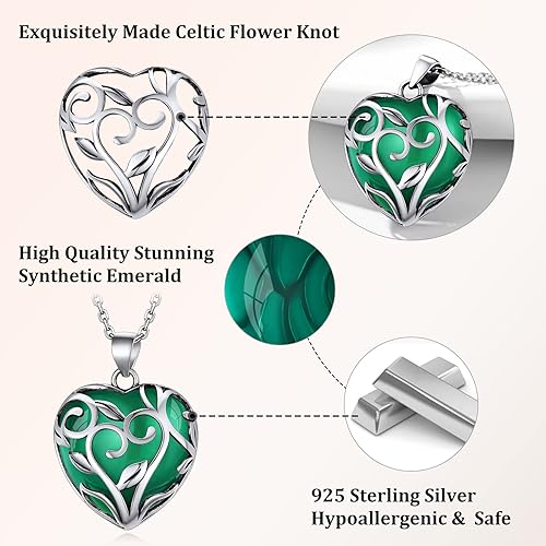 ONE: May-Synthetic Emerald Heart Crystal Necklace 925 Sterling Silver Necklace