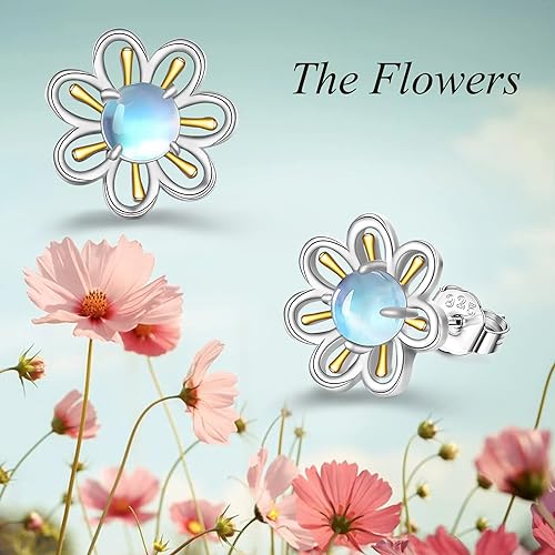 ONE: Exquisite Flower Gold Color: MOONSTONE Dangle Earrings 925 Sterling Silver