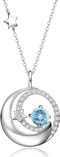 ONE :💎925 Sterling Silver March - Aquamarine Moon and Star Pendant Necklace Fine Jewelry 💎