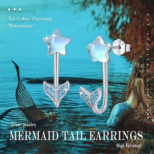 ONE:  Exquisite Star Mermaid Tale  Color: MOONSTONE  Dangle Earrings 925 Sterling Silver