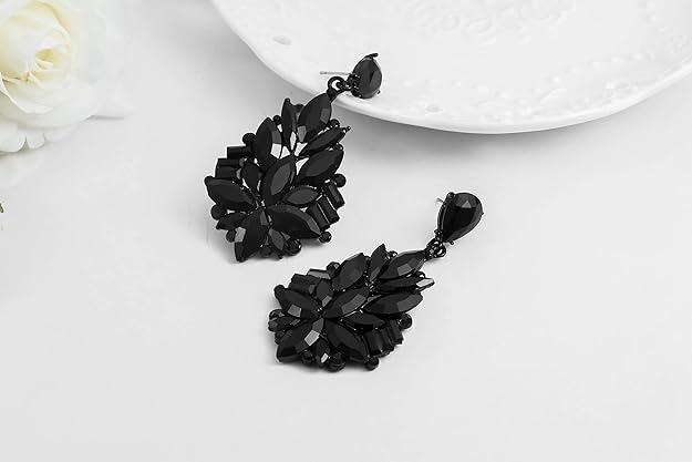 ONE PAIR: Vintage Floral Teardrop Butterfly Wing Black Austrian Crystal Drop Dangle Earrings for Women