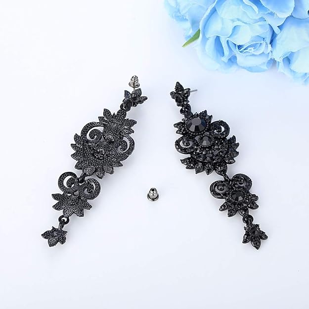 ONE PAIR: Vintage Floral Teardrop Butterfly Wing Black Austrian Crystal Drop Dangle Earrings for Women