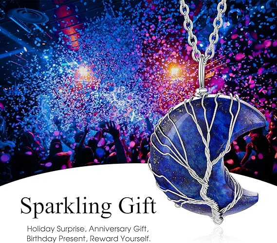 ONE: 💓September-Nature Lapis Lazuli Crescent Moon Crystal Necklace 925 Sterling Silver