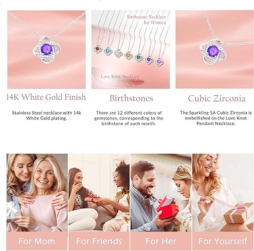 ONE :💎 Birthstone Necklace Gifts For Women, Love Knot Pendant Birthstone Jewelry 18 Inch Silver Chain FEBUARY