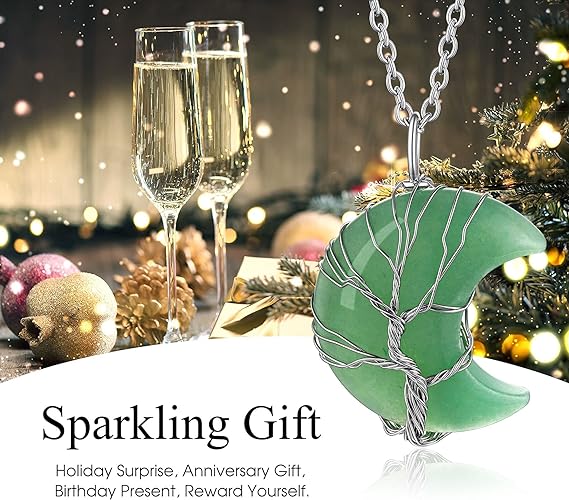 ONE: 💓August-Nature Aventurine Crescent Moon Crystal Necklace 925 Sterling Silver