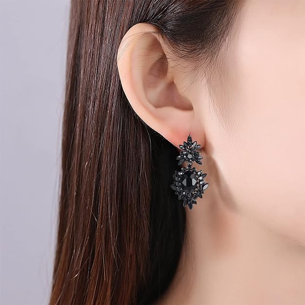 ONE PAIR: Vintage Floral Teardrop Butterfly Wing Black Austrian Crystal Drop Dangle Earrings for Women